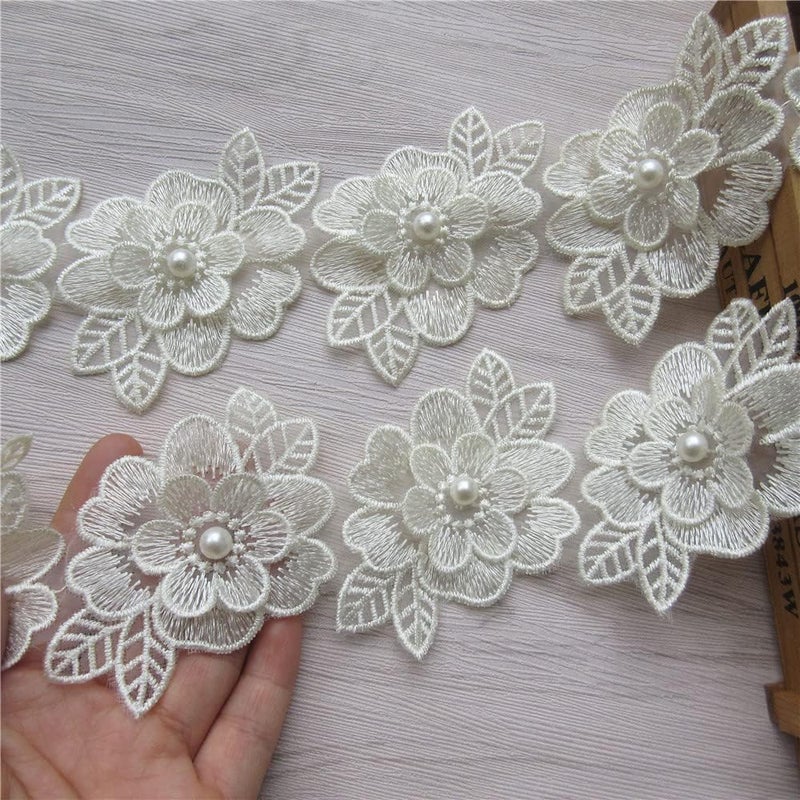 SHBBON 2 Yards 3D Flower Lace Trim Pearl Embroidered Polyester Lace Ribbon Fabric Applique Patchwork for Wedding Dress Handmade DIY Sewing Craft Supplies Decoration (Beige) - Image 4